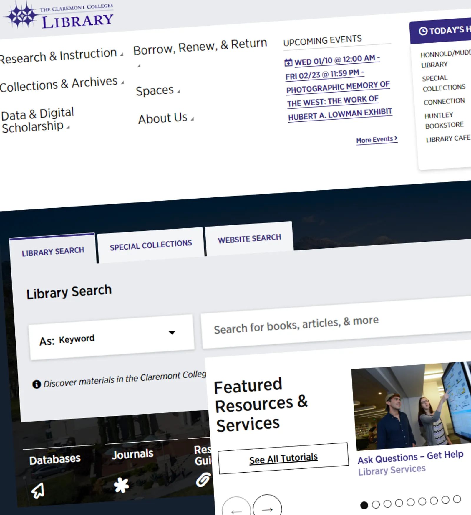 Claremont Colleges Library site with mega navigation and tabbed library search panel