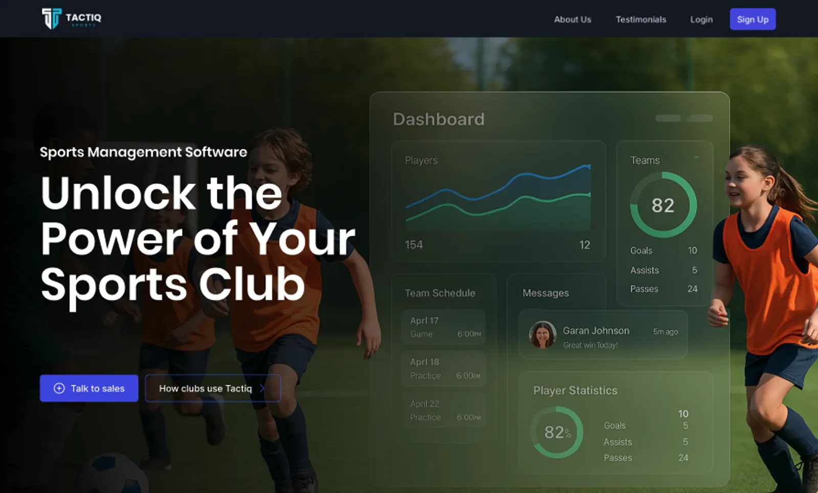 Tactiq Sports homepage with a club dashboard showing player charts, team schedule, and messages