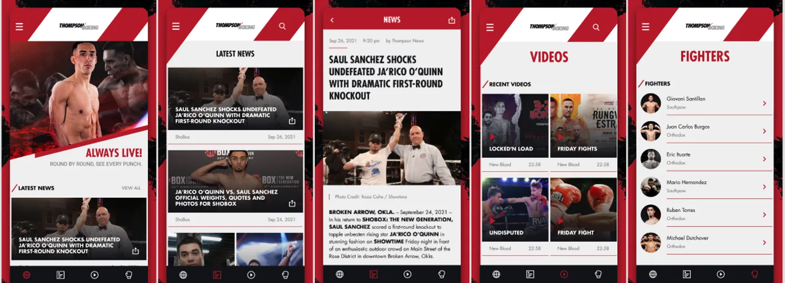 Five Thompson Boxing app screens showing live coverage, news, videos, and fighter list