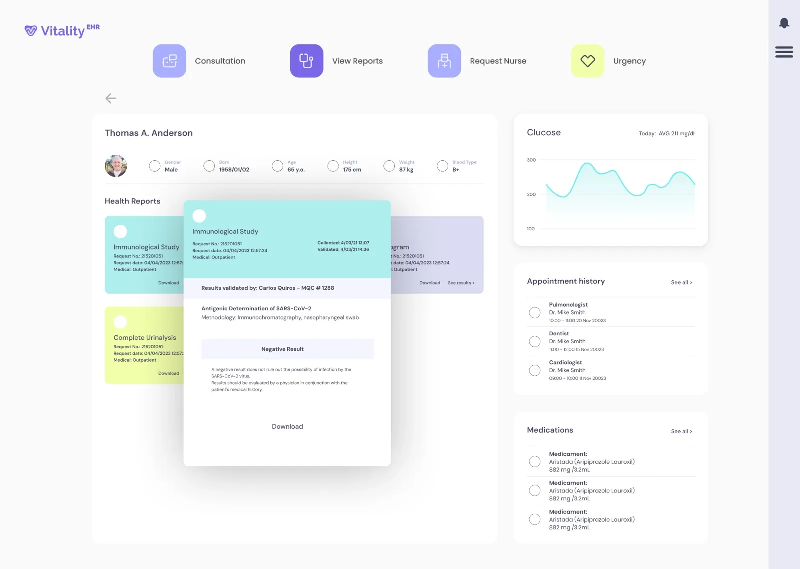 Vitality EHR dashboard with patient profile, health report cards, glucose chart, and medications